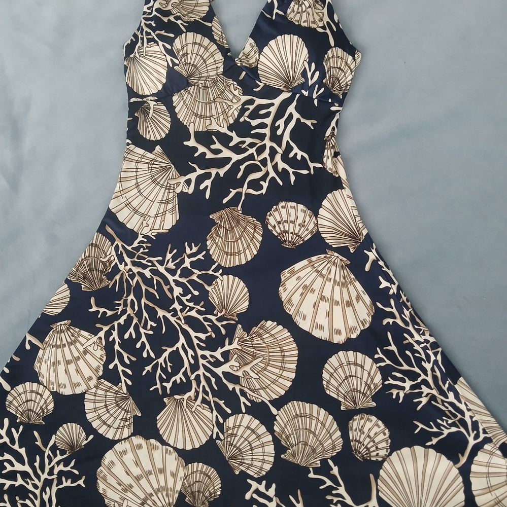 Navy and Cream Shell Print Midi Dress